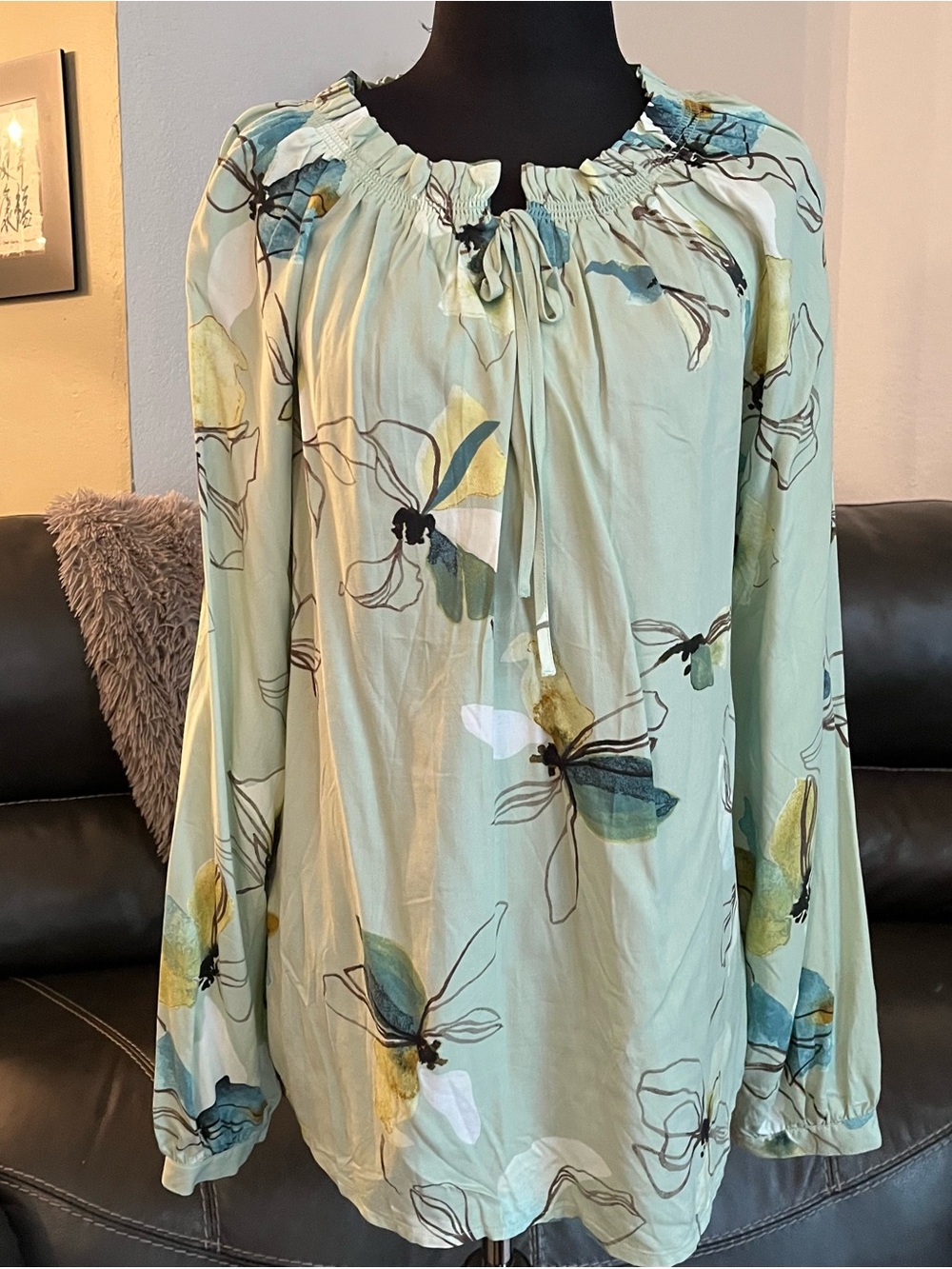 Women’s Light Green Floral Peasant Blouse by a new day size L
